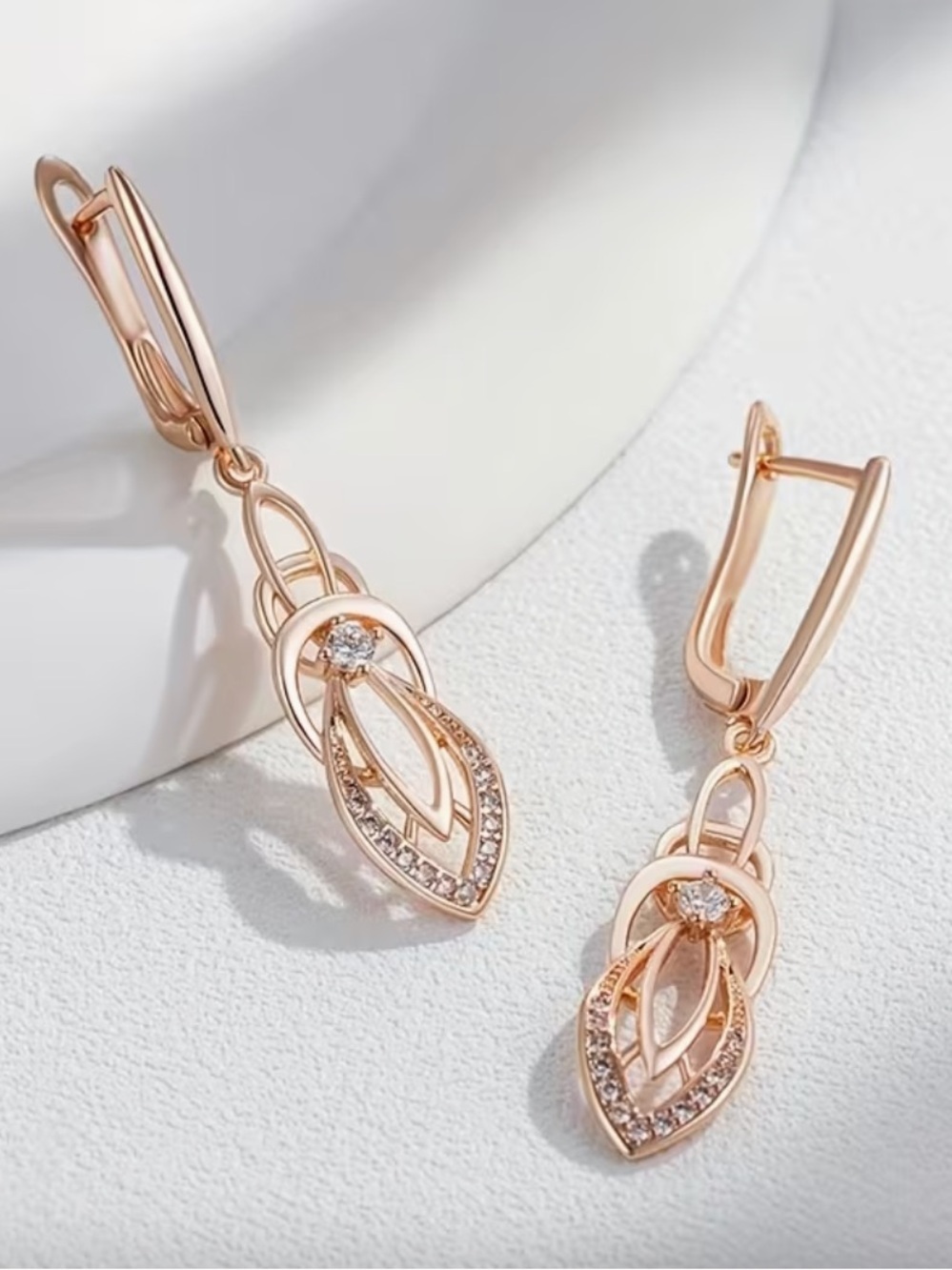 Rose Gold Long Drop Earrings With Clear Stones. - Picture 7 of 8